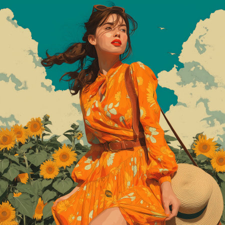 Stylized illustration of a woman in an orange sunflower-print dress holding a hat, standing confidently in a sunflower field under a bright sky with clouds.の素材