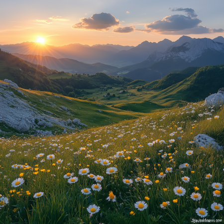 Vibrant wildflowers bloom across a rocky alpine slope with mountain peaks and soft golden sunlight in the background.の素材