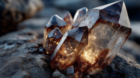 Macro photo of a smoky quartz cluster with glowing golden inclusions, featuring sharp crystal points and resting on a textured dark stone background.の素材