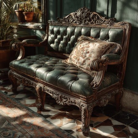 Vintage tufted loveseat with dark green leather, intricate wood carvings, and a decorative pillow in a classic interior with patterned tile floor.の素材
