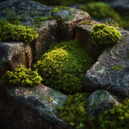 Bright green moss fills a natural hollow in weathered stones, bathed in soft sunlight, creating a peaceful and earthy forest scene.の素材