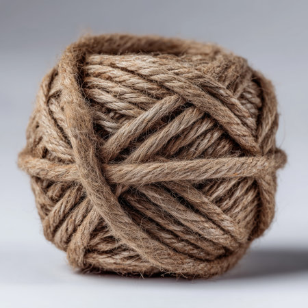 Close-up of a coarse natural jute twine ball with rough fiber texture, placed on a smooth light gray surfaceの素材