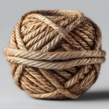 Close-up image of a tightly wound ball of coarse jute rope with visible texture, placed on a neutral gray surfaceの素材