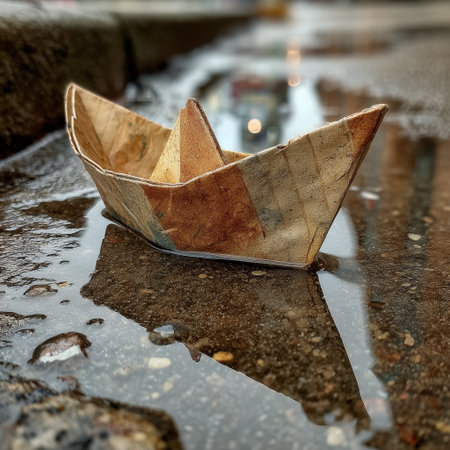 Close-up of a worn and weathered paper boat floating in a shallow puddle on a city street, with reflections and urban background bokehの素材