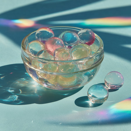 Transparent glass bowl filled with pastel-colored marbles casting soft rainbow reflections on a light blue surface under sunlightの素材