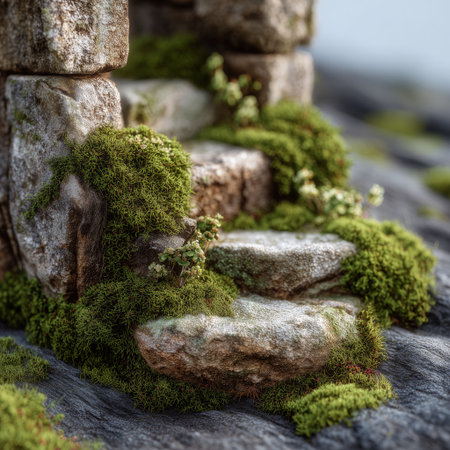 Weathered stone steps overgrown with lush green moss and small plants, blending seamlessly into a natural, aged environmentの素材