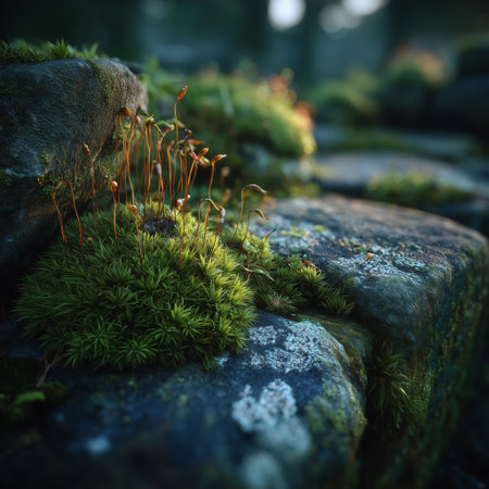 Delicate moss with spore stalks illuminated by soft morning light, growing peacefully over weathered stones in a forest setting.の素材