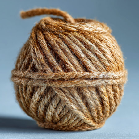 Close-up view of a coarse natural jute rope ball with a single loose end, placed on a smooth blue-gray surfaceの素材