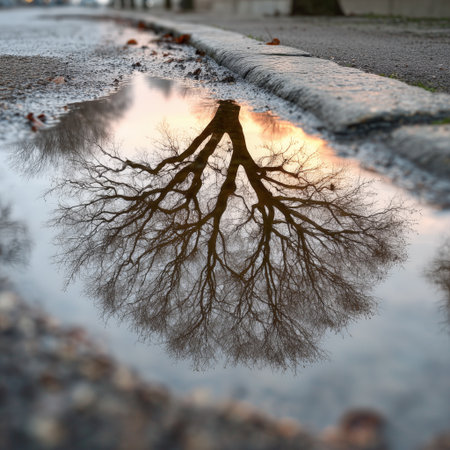 Leafless tree perfectly reflected in a roadside puddle with a soft orange sunset glow in the sky.の素材
