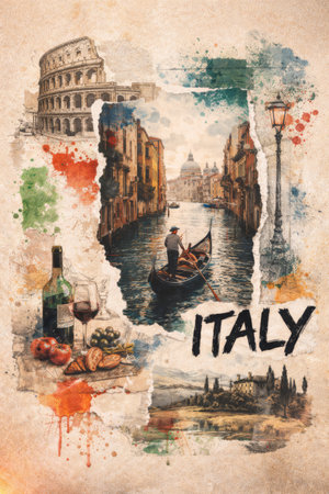 Mixed media artwork of Italy featuring a Venice canal with gondola, Roman Colosseum, Tuscan landscape, wine and food, and sketches of Italian culture and scenery.の素材