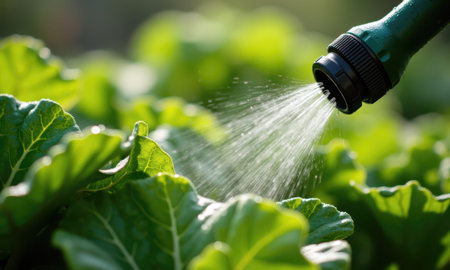A stock photo of a watering hose in a garden. related to  | garden hose connection, realistic stock photo.