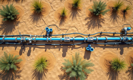 A stock photo of a pipe laying in the desert. related to ????? ? ????????? | arid drip system, realistic stock photo.