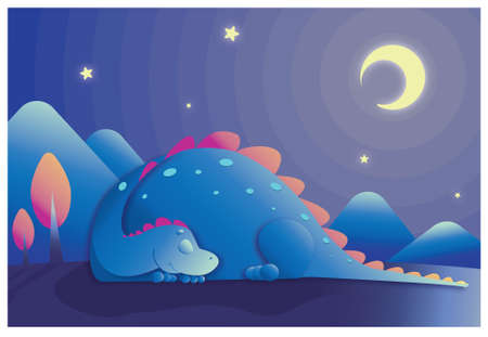 Blue and red dragon sleeping under the moon and the stars near the mountainsの写真素材