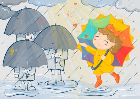 Smiling girl sends love to people in a rainy day under the rays of sunの写真素材