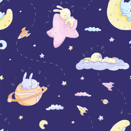 seamless pattern good night rabbits. vector illustration, textile designのイラスト素材