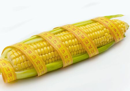 ear of corn and centimetric tape isolated on white backgroundの写真素材