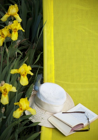 book, points and hat lie in a Beach Chair near to yellowの写真素材