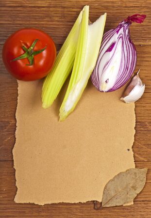 products on a wooden, paper surfaceの写真素材