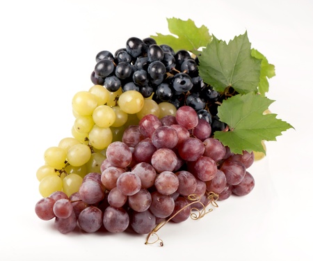 black, green, red bunch of grapes close up, on white background,の写真素材