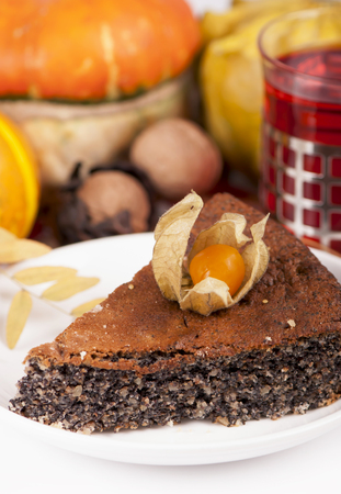 poppy pie, autumn leaves and pumpkins on the whiteの写真素材