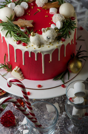 2021 is the year of the bull. Christmas or New Year decorated cake with cream cheeseの写真素材