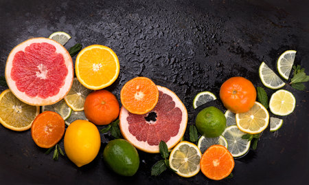 Citrus background. Fresh citrus fruits - Lemons, oranges, limes, grapefruits On wooden background
