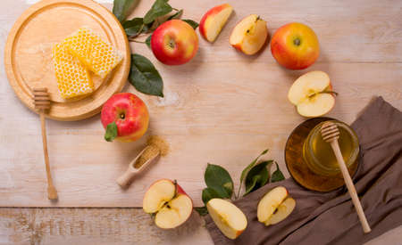 Jewish holiday Rosh Hashana background with apples, honey on blackboard. View from above. Flat layの写真素材