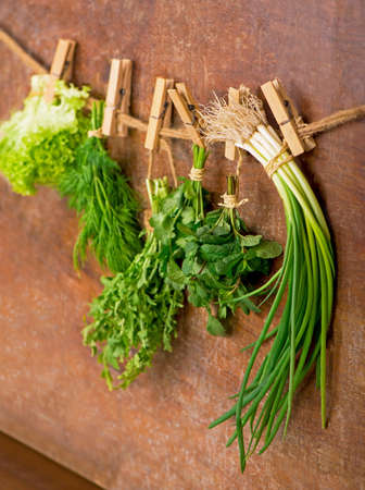 Fresh herbs hanging over wooden background. thyme, basil, oregano parsleyの写真素材