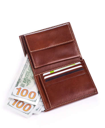 brown leather wallet with money isolated on white