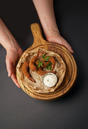 Shrimp in breadcrumbs and sauce isolated on a black background. Grilled shrimp on a board in the hands of a waiter.の写真素材