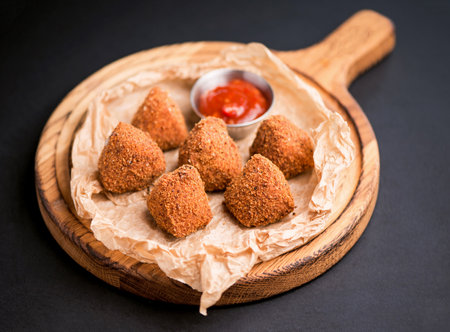 Deep fried crispy Camembert with cranberry sauce in a decorative pan on wooden background.の写真素材