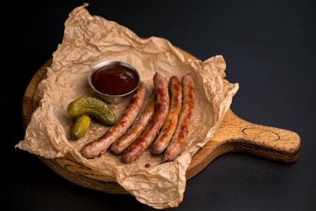 grilled sausages with sauce on a wooden board on a black backgroundの写真素材