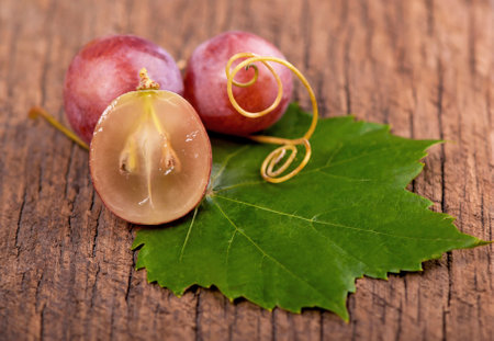 Juicy green grapes - macro shot of whole and cut berries on wooden backgroundの写真素材