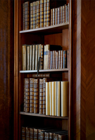 Vienna, Austria: Old bookcase with the leather-bound book covers in State Hall of Austrian National Libraryの写真素材