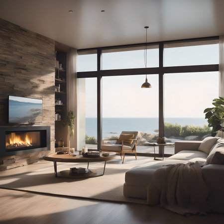 Interior of modern living room with wooden walls, wooden floor, panoramic window with sea view and fireplace. 3d renderingの素材
