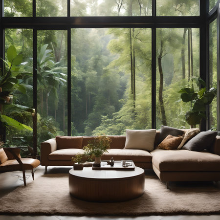 Interior of a living room with a view of the tropical jungleの素材