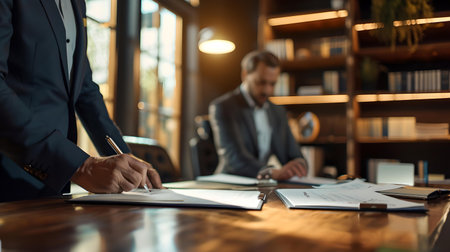 Close-up of a businessman's hands signing contracts with colleague in background in a well-lit office. A.I.の素材