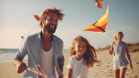 A joyful family plays with kites on a sunny beach. perfect scene of happiness and bonding. A.I.の素材