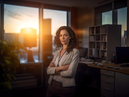 A businesswoman stands assuredly in an office with sunset background. modern professional. A.I.の素材