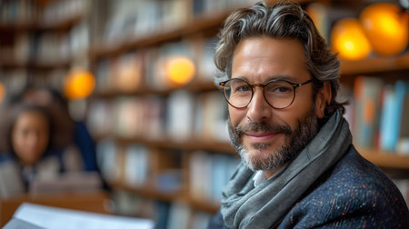 Close-up of a contented middle-aged man with glasses in a warm scarf at the library. A.I.の素材
