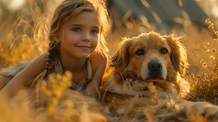 A child and golden retriever bask in the sunset light amidst tall grass. perfect for warm, family themes. A.I.の素材