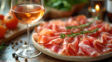 A sumptuous plate of sliced cured meats paired with a glass of wine, displayed in a warmly lit setting. A.I.の素材