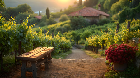 Sun-kissed vineyards with a rustic bench invite relaxation in this serene, picturesque landscape. A.I.の素材