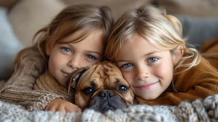 Portrait of twin girls embracing a pug at home, showing warmth and companionship between kids and pets. A.I.の素材