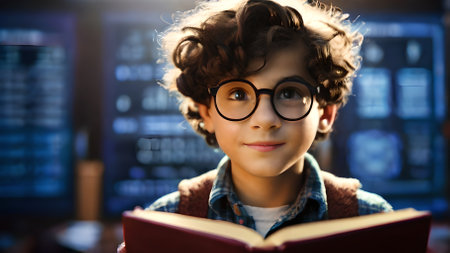 Curious child wearing glasses absorbed in reading a book with glowing pages, surrounded by library shelves. A.I.の素材