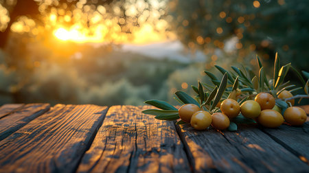 Sunrise illuminates ripe fruits on rustic wood. a tranquil start to the day with nature's bounty. A.I.の素材
