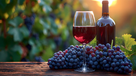 A tranquil vineyard scene with a bottle of red wine, glass, and grape clusters in the warm evening light. A.I.の素材