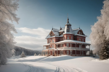 Captivating winter scene with a Victorian-style house surrounded by snow-covered trees and a clear sky. A.I.の素材
