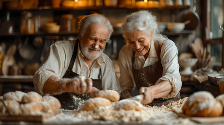 A man and woman enjoy a light-hearted moment together in a rustic bakery surrounded by fresh senior bread. A.I.の素材