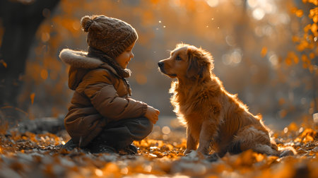 A toddler and a golden retriever sit on fallen leaves, enveloped in warm sunlight and serene ambiance. A.I.の素材